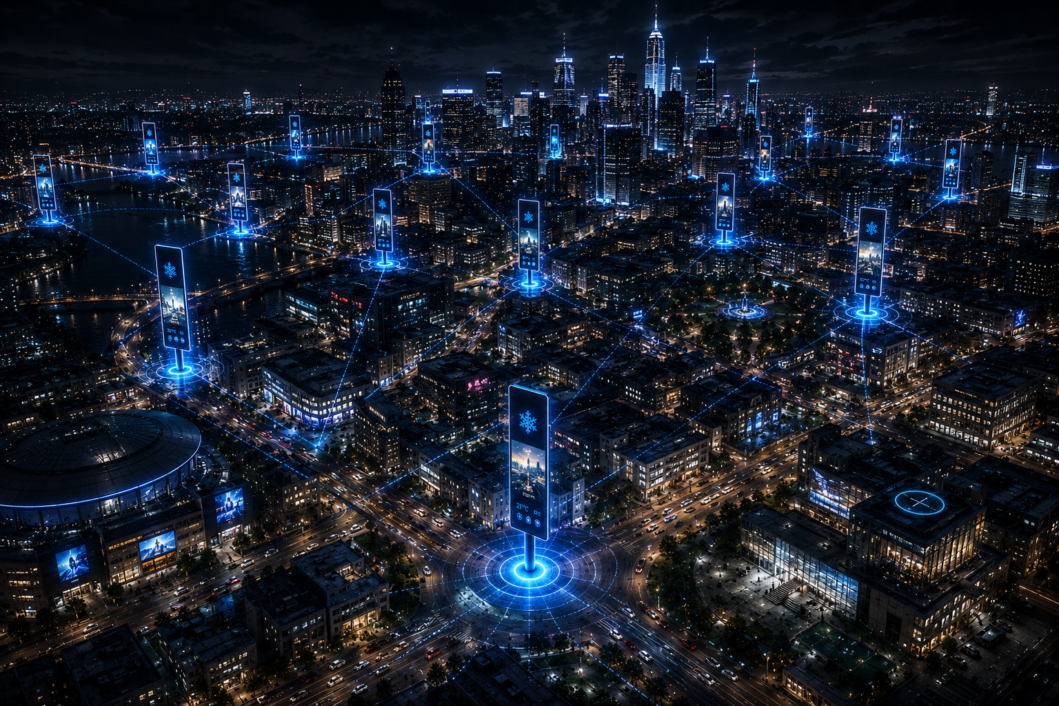 Snatchool smart city communication network of pole-mounted digital displays