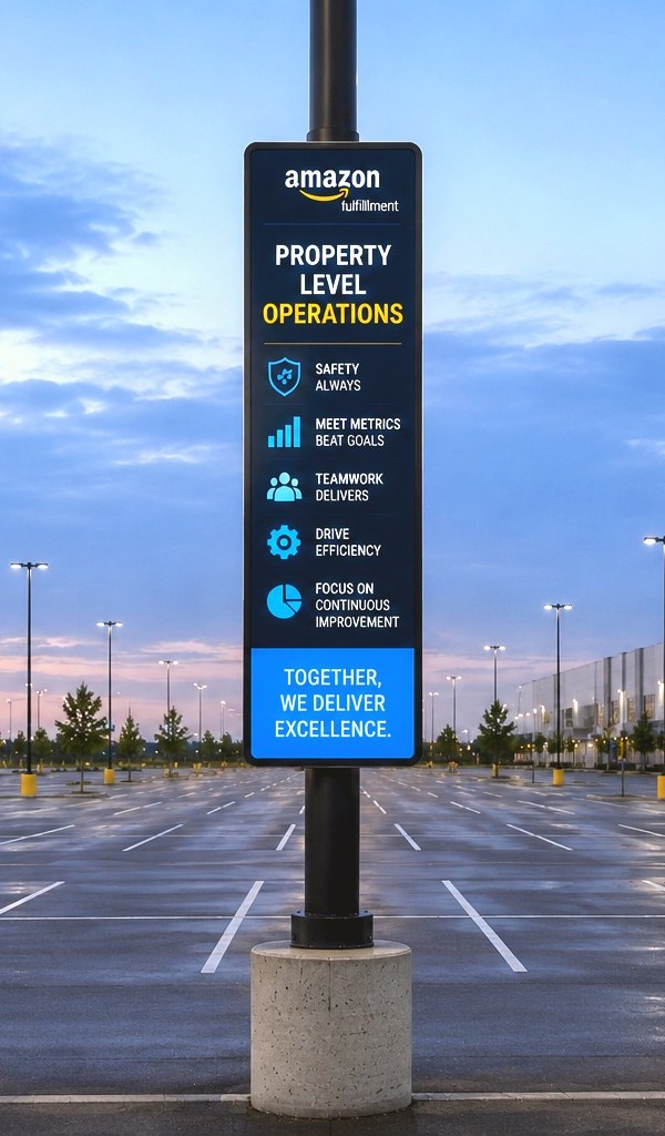 SP Slim™ matte-black portrait communication screen mounted at the center of an existing parking-lot light pole, displaying approved property content